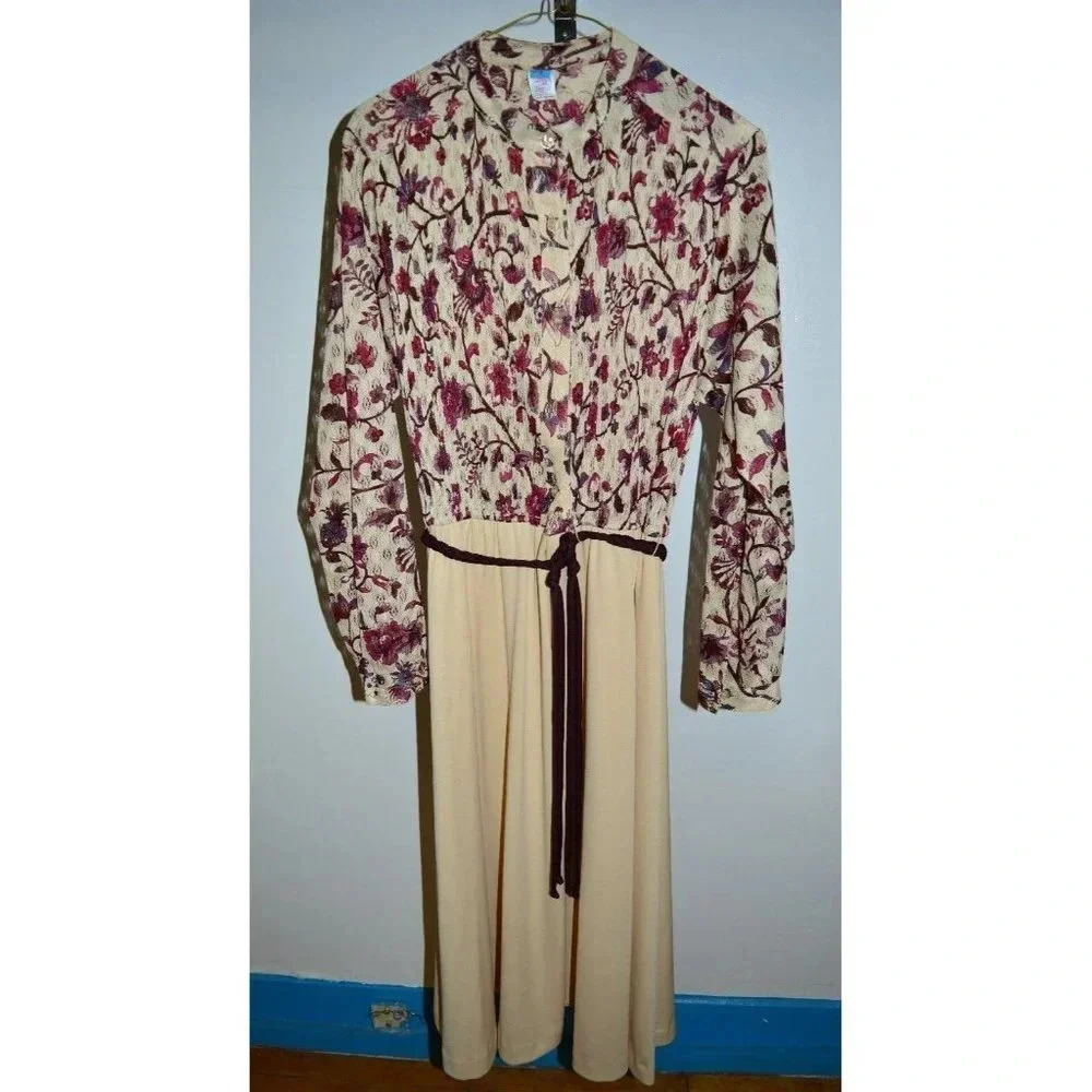 VTG 60'S Union Made Purple Maroon Cream Floral Lace Polyester Dress Size 16